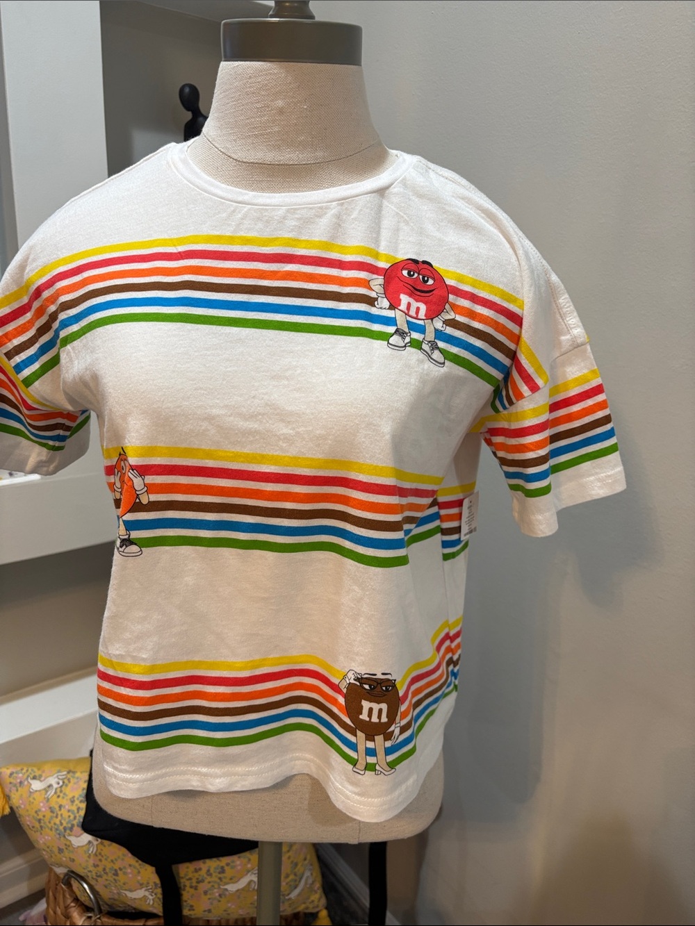 M&M'S White Tee with Rainbow Stripe Bands and Character Graphics